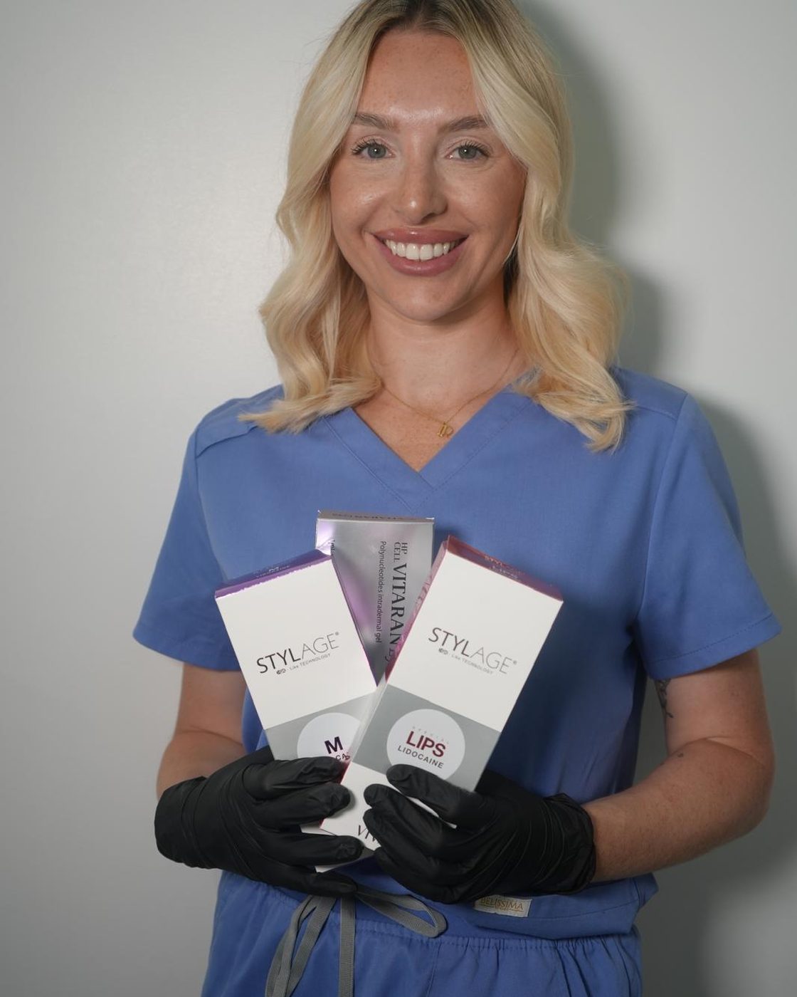 Becci holding Stylage dermal filler and Vitaran polynucleotides
